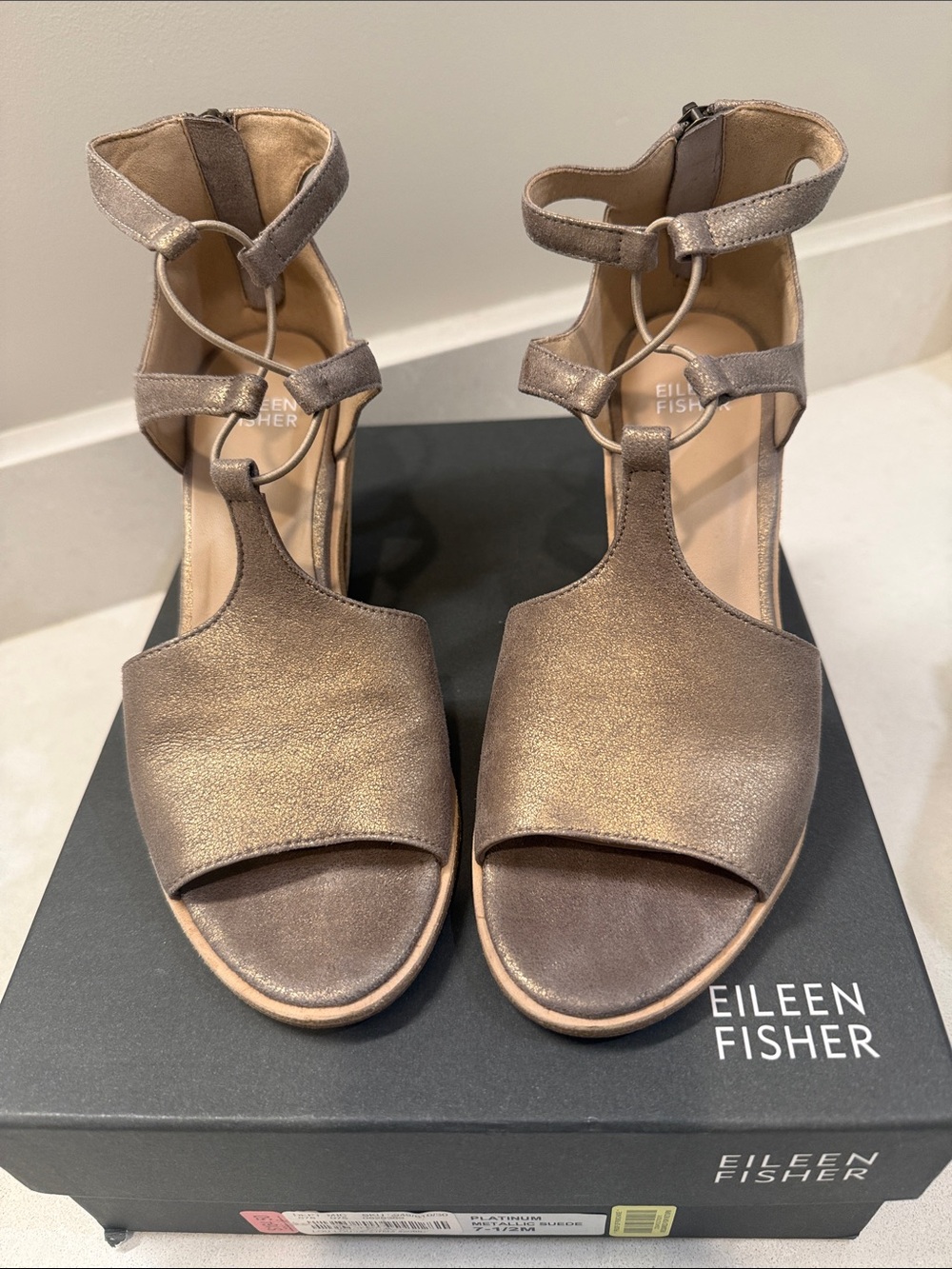 Eileen Fisher Bronze Metallic T-Strap Ankle Strap Heels